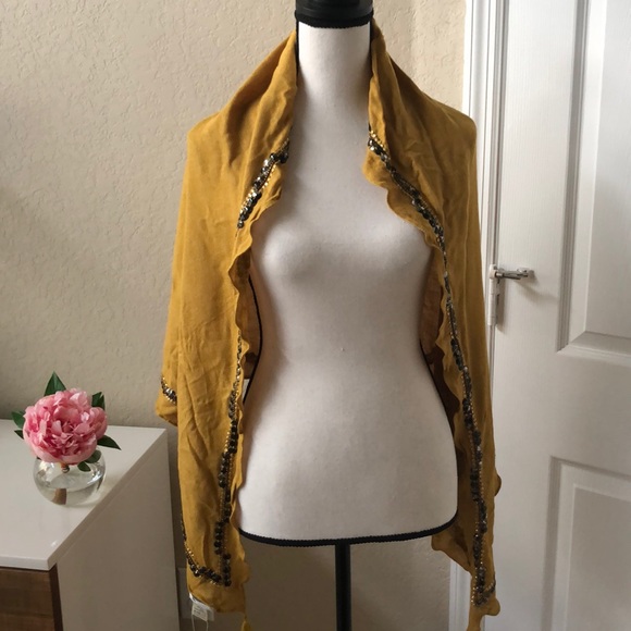 Anthropologie Shawl Chartreuse Citron Color Beaded - Picture 9 of 10